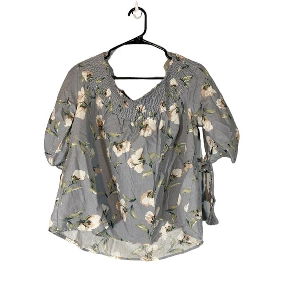 C.O.C Blue Floral Smocked Neck Short Sleeve Curvy Fit Blouse Women Sz 2XL